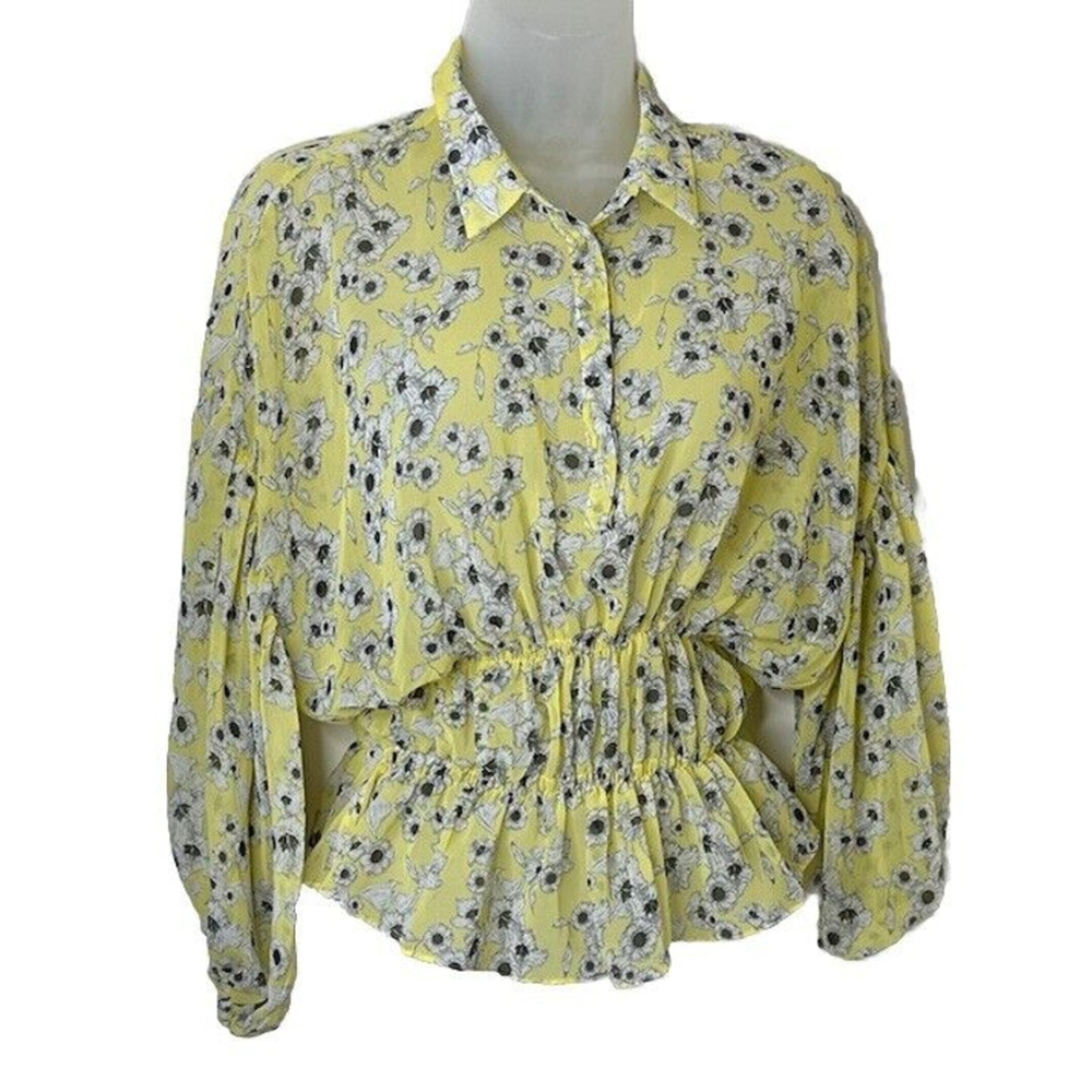 Zara Chiffon Sheer Floral Blouse Yellow Balloon Sleeves Cinched Waist Whimsical‎